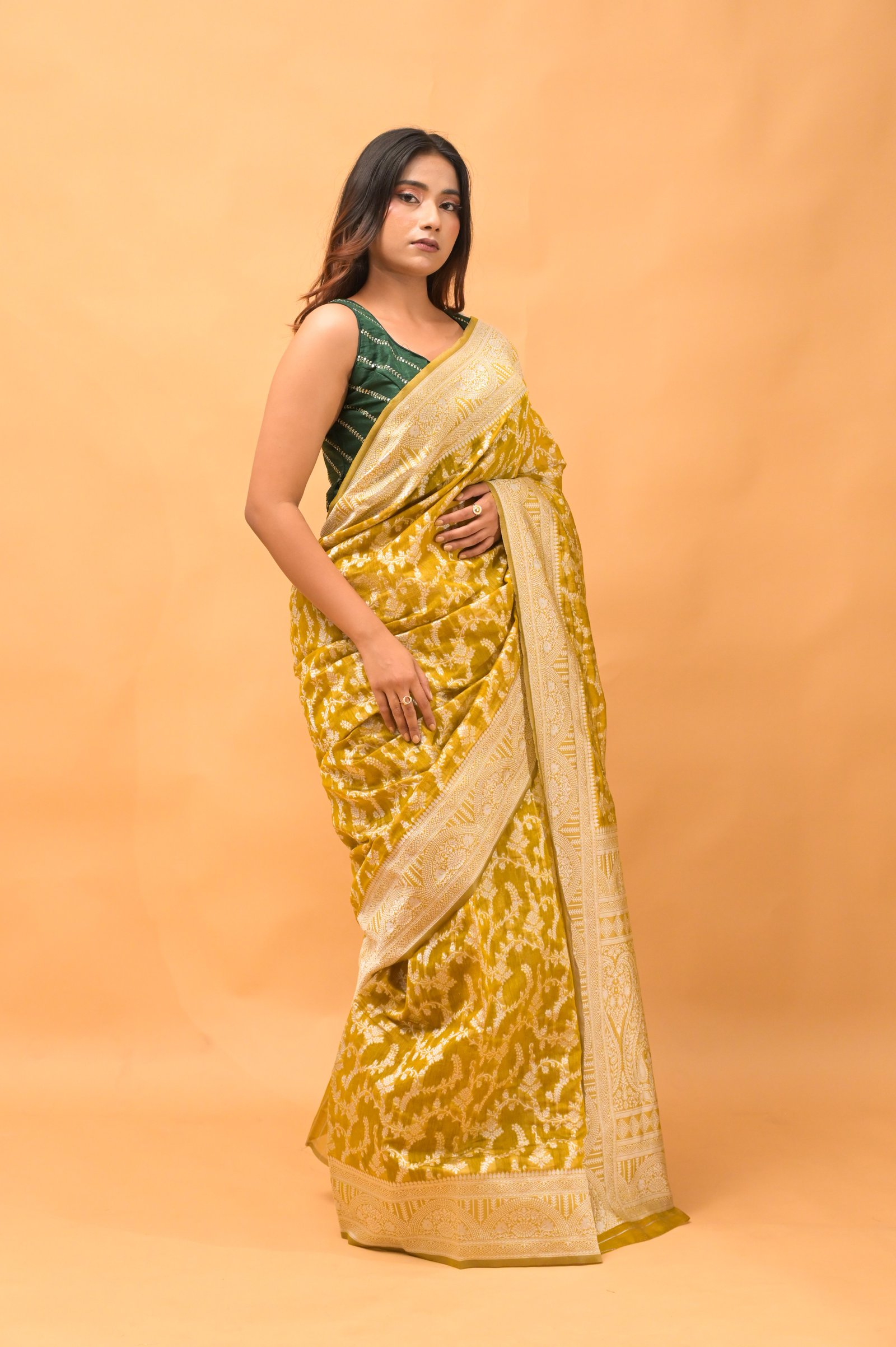Leaf Jaal Ochre  Pure Cotton Saree With Strip Blouse